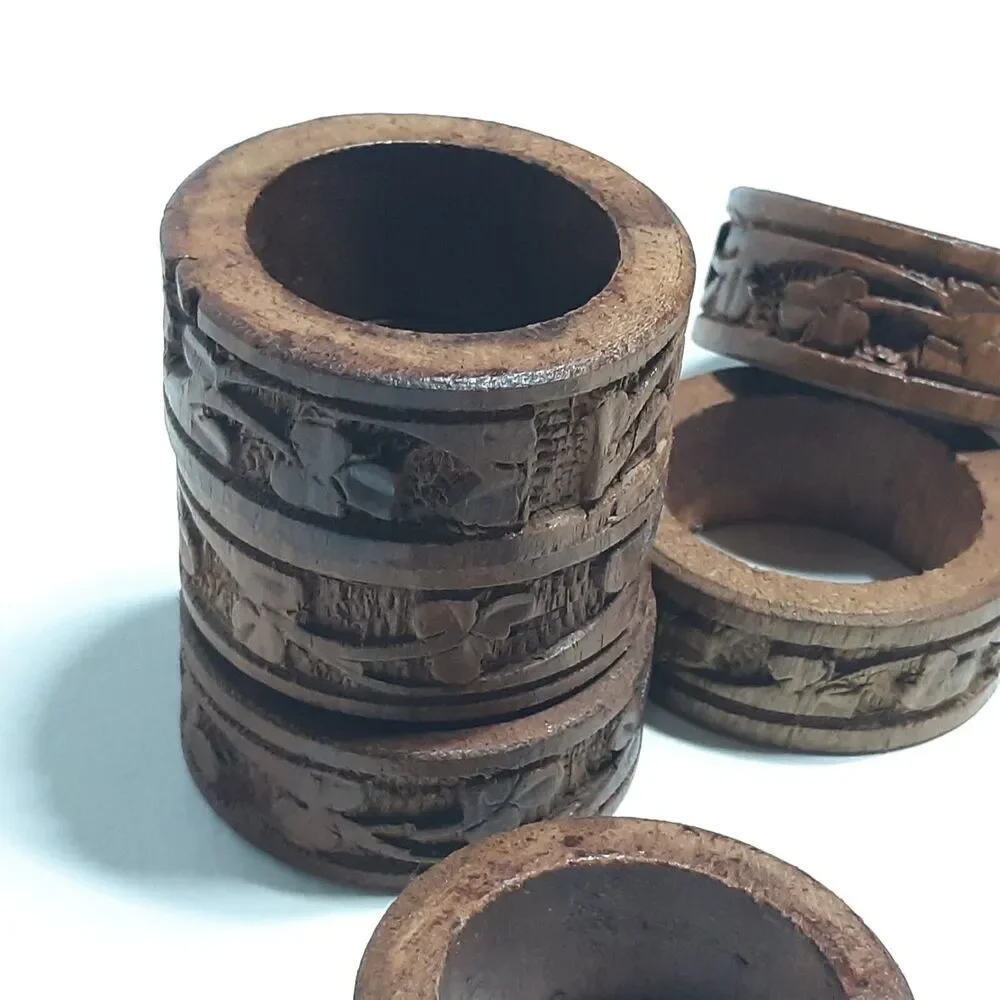 6pc Beautiful Boho Hand Carved Wooden Napkin Rings Holders Flowers Leaves